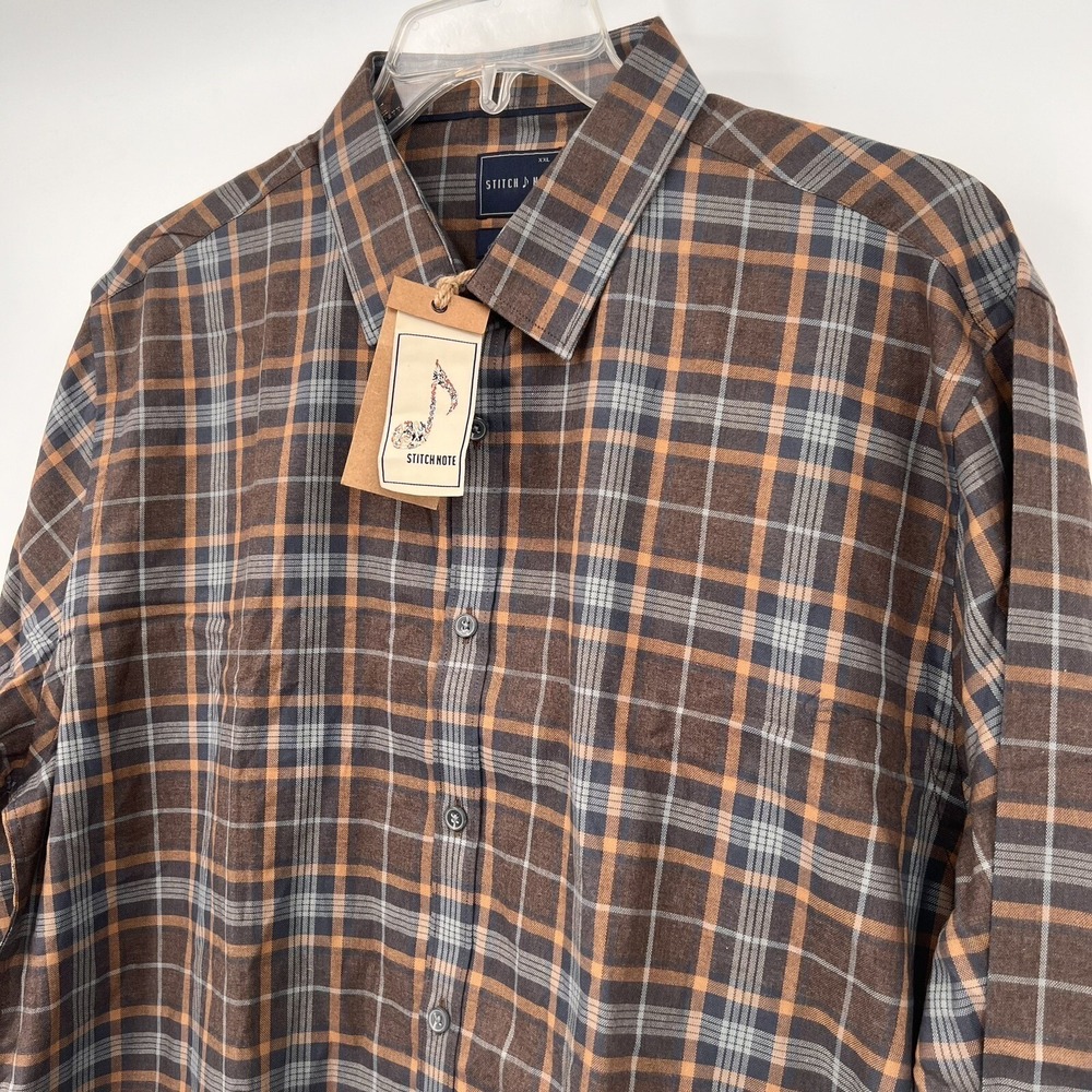 Stitch Note Men's Button Up Shirt XXL L/S Plaid 100% Egyptian Cotton